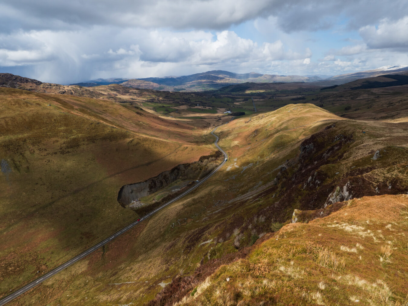 Dramatic view of the valley with A487 road in the middle