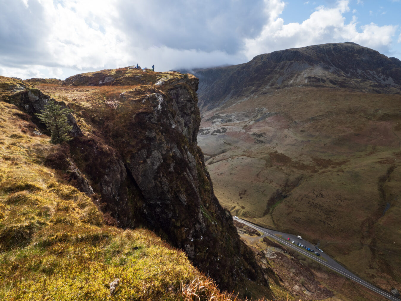 On top of Cader east, with road and car park at the bottom.