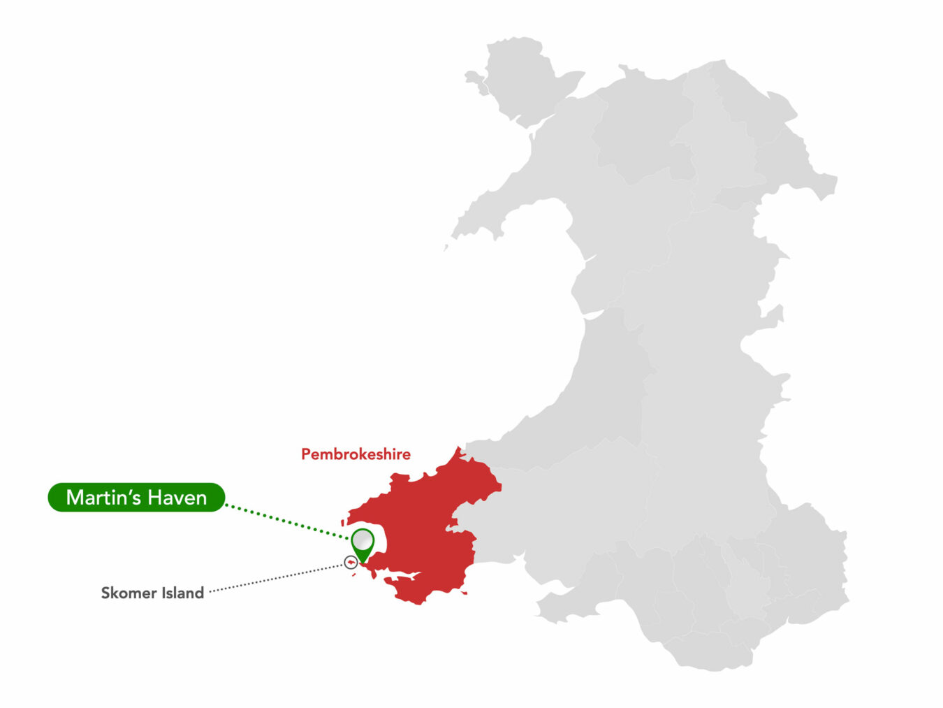 Wales map highlighting Pembrokeshire, Martin's Haven and Skomer Island.