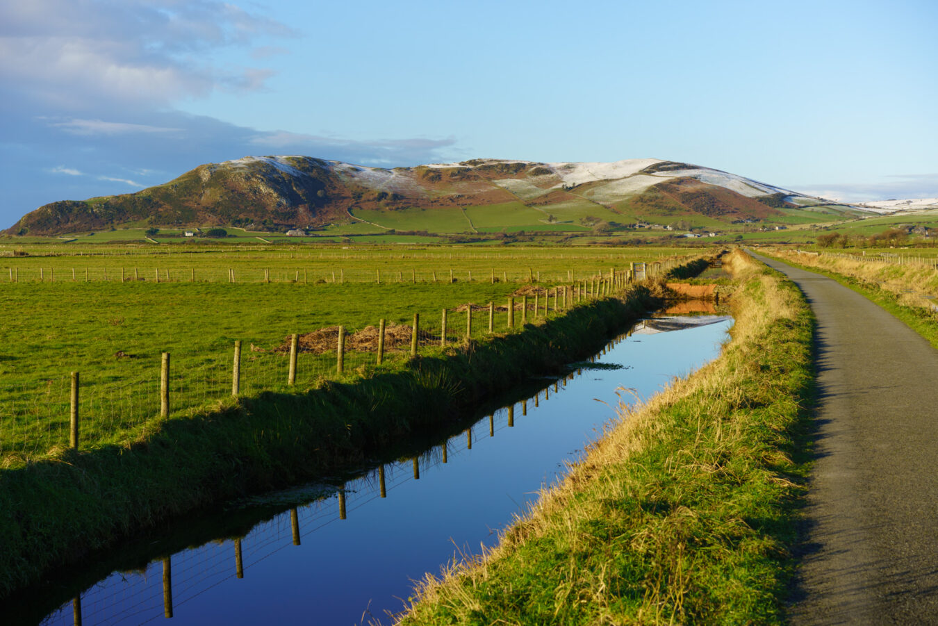 Small canal with green field and snowy hills in the background