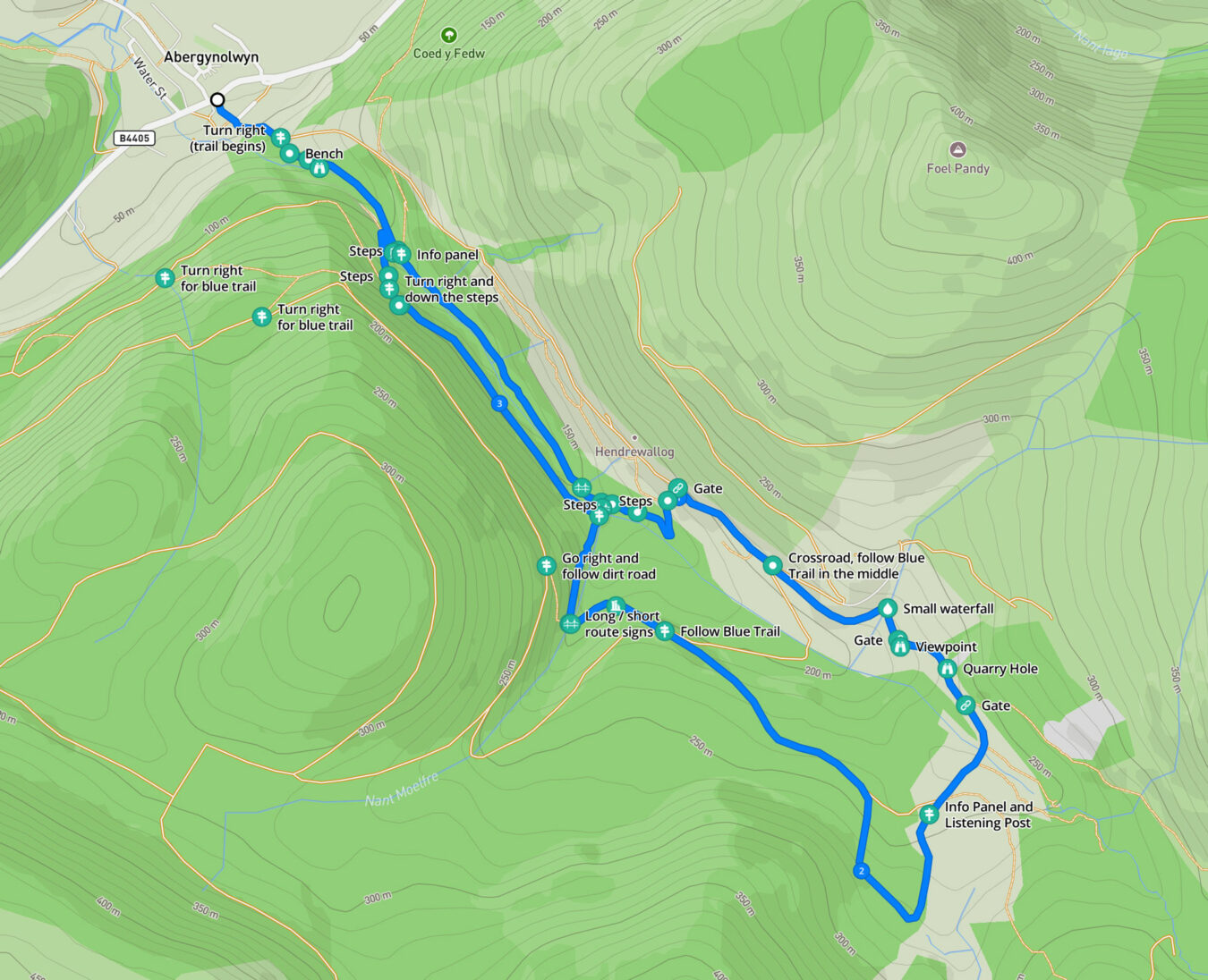 Map of the blue trail in Nant Gwernol
