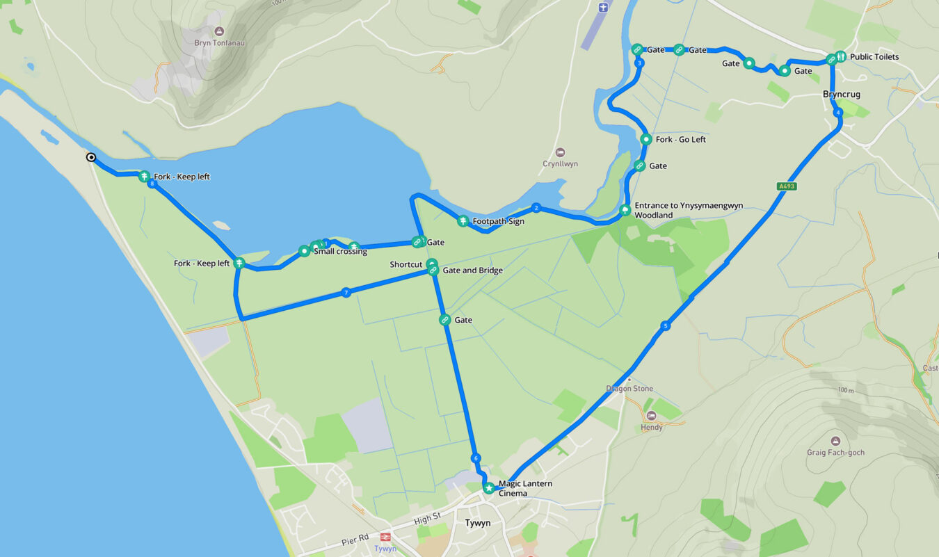 Map showing the walk around the Dysynni river from Bailey bridge
