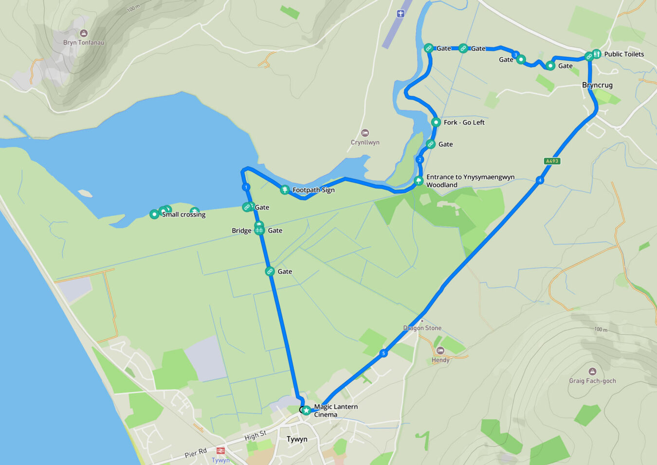 Map showing the walk around the Dysynni river from the Magic Lantern Cinema