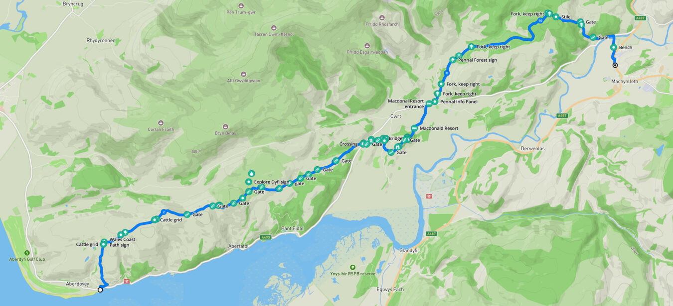 Map showing the walk from Aberdyfi to Machynlleth
