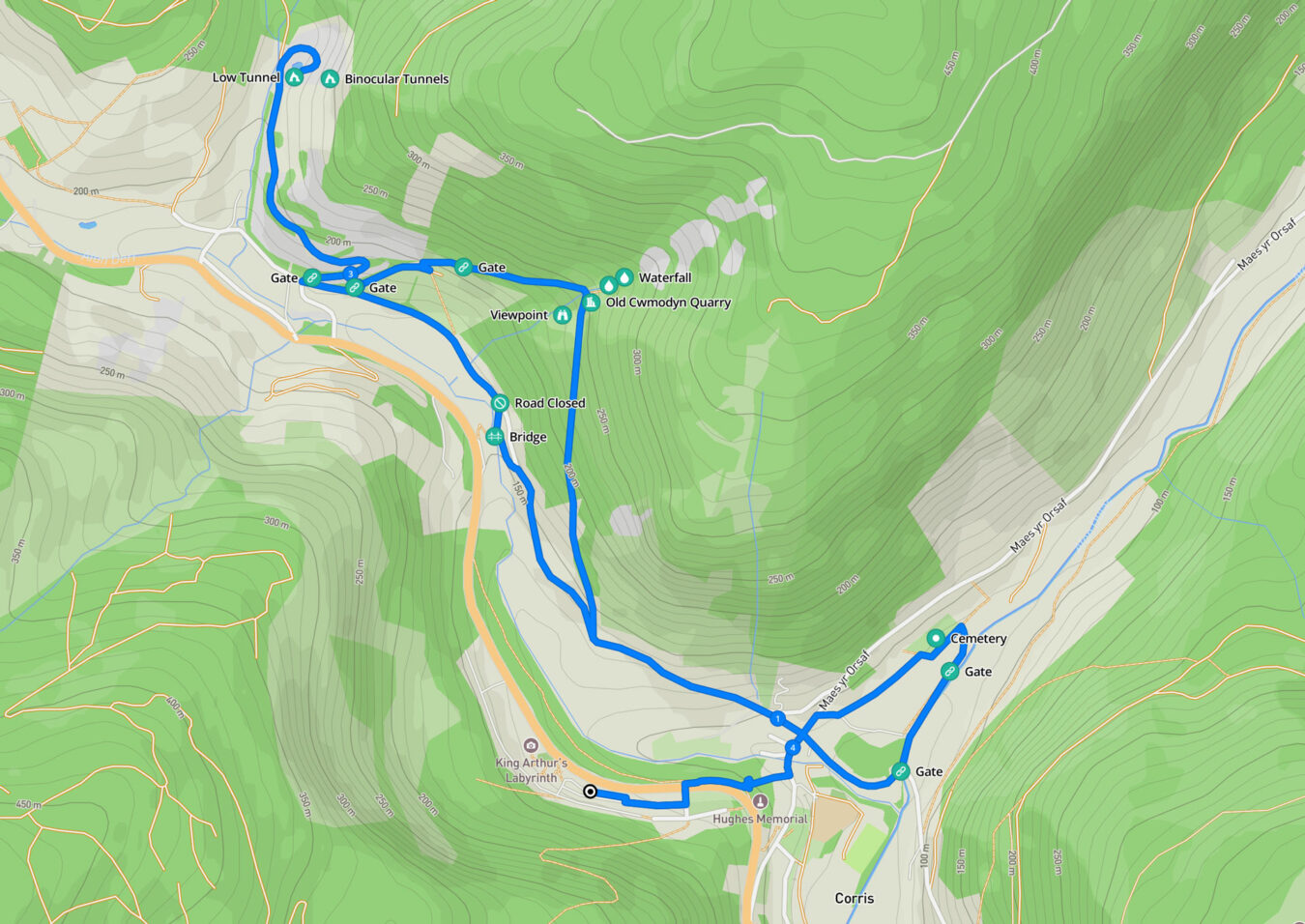 Map showing the walk around Corris