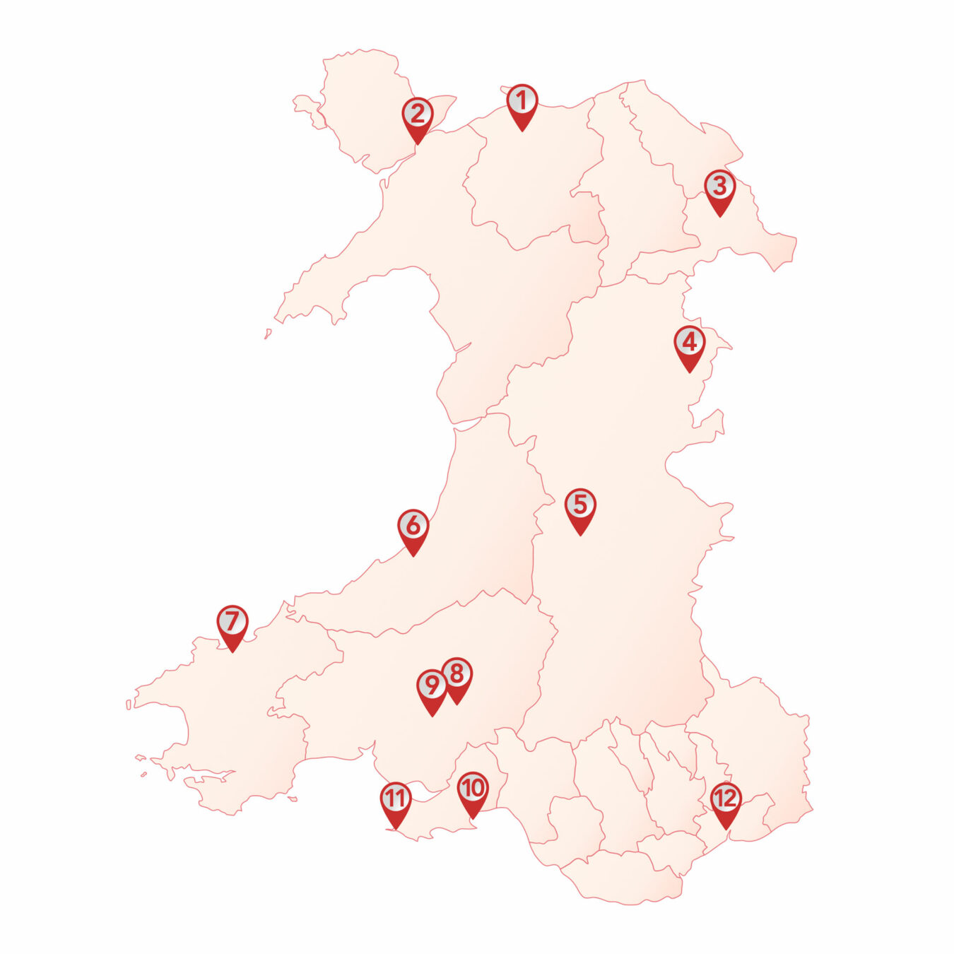 Map of Wales showcasing the locations of all the gardens