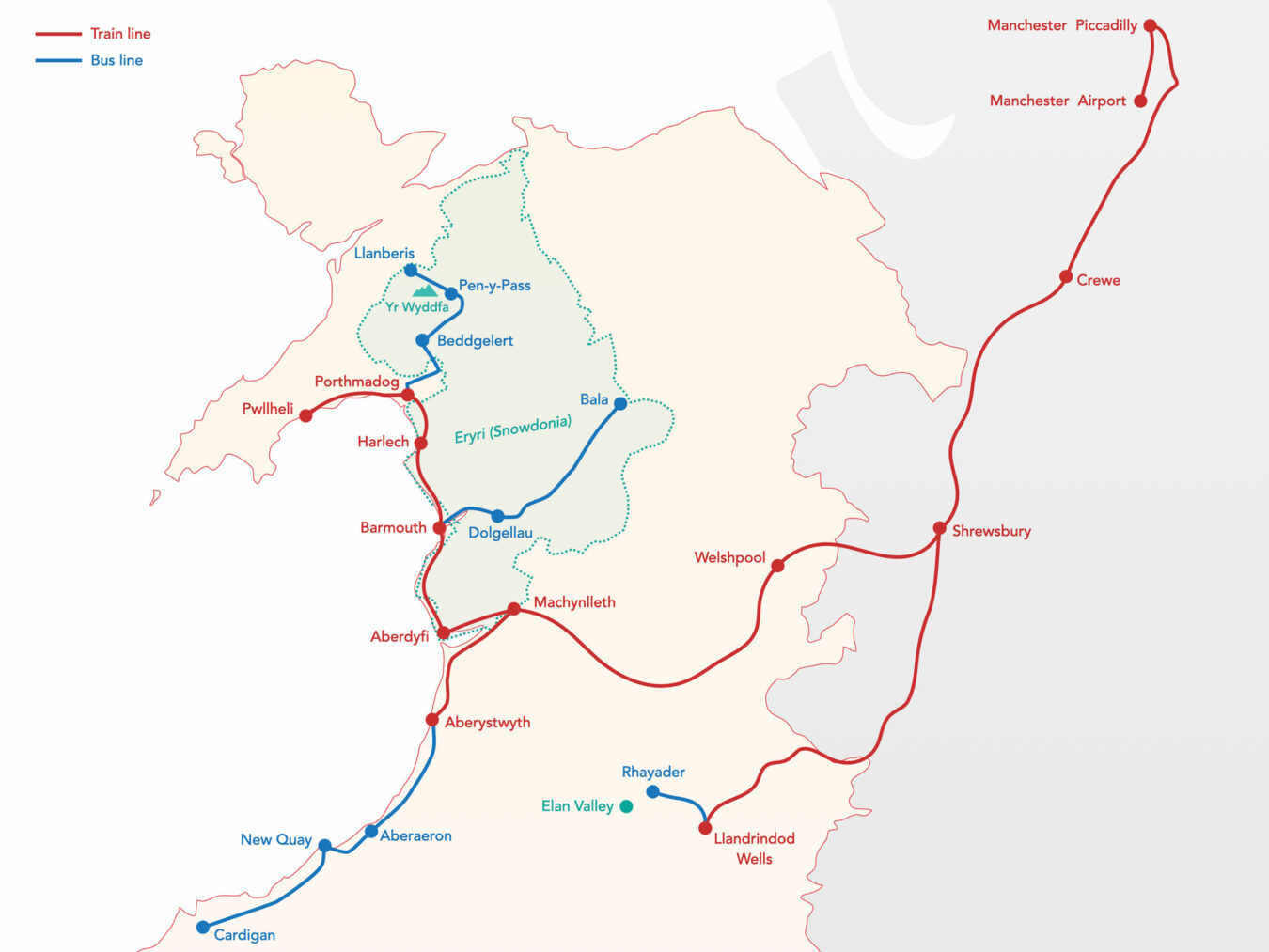 Map of Mid Wales showing train and bus routes.