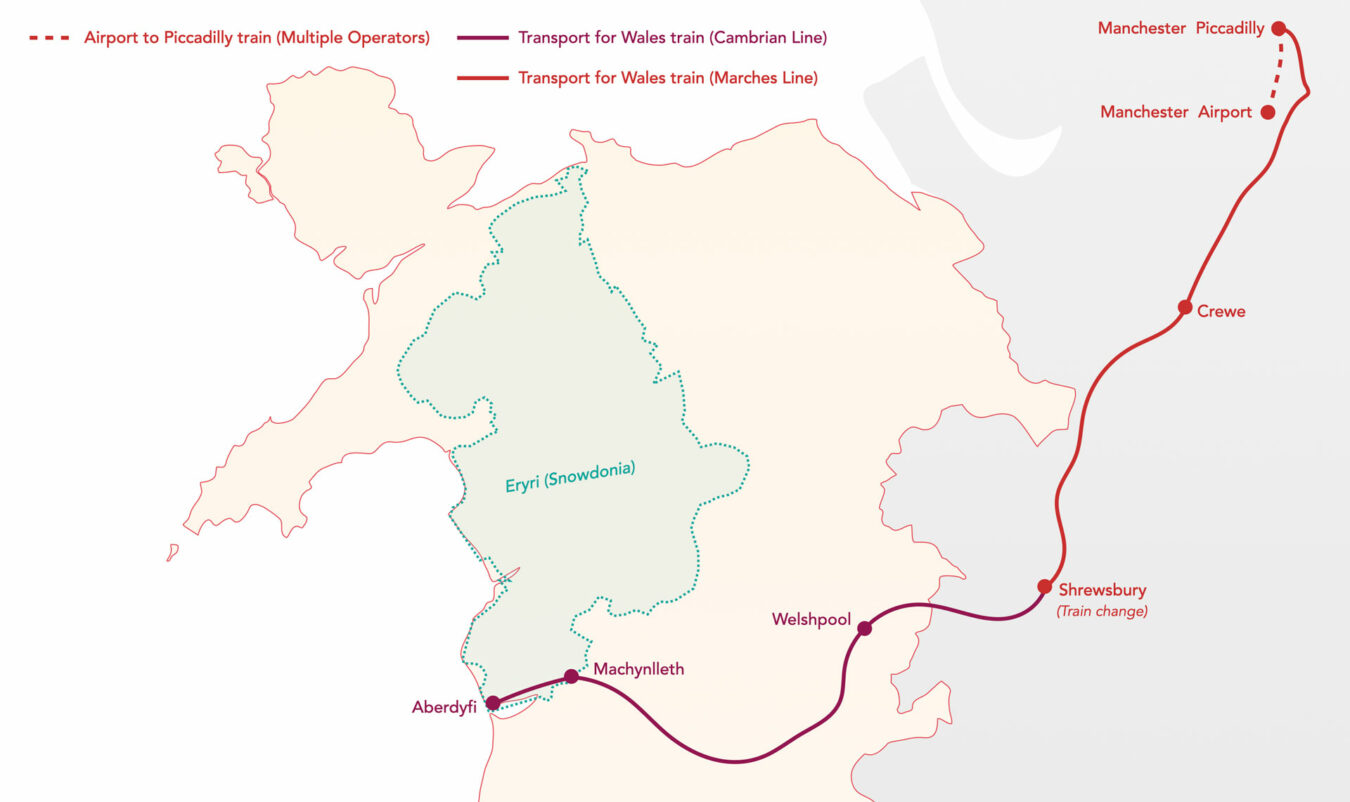 Map showing the itinerary from Manchester to Aberdyfi