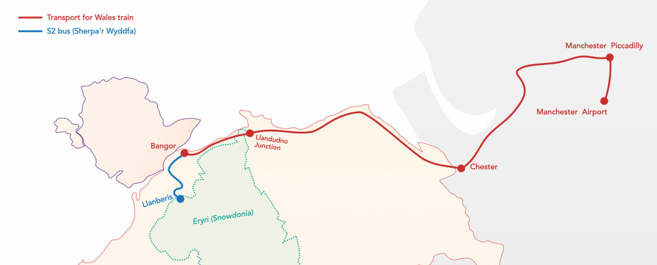 Map showing the itinerary from Manchester to Llanberis