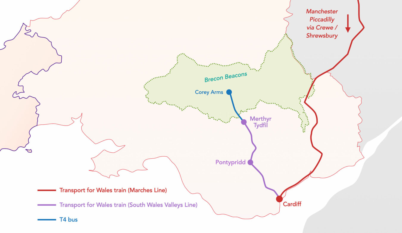 Map showing the route from Manchester to Corey Arms