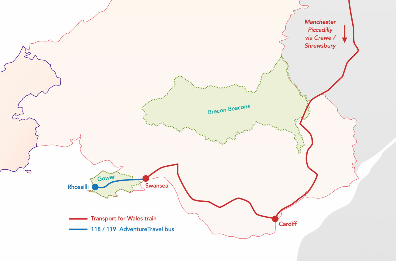 Map showing the route from Manchester to Rhossilli.