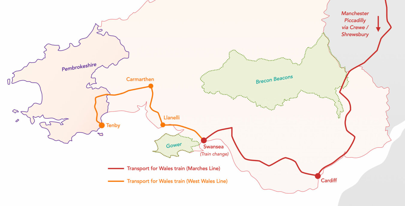 Map showing the route from Manchester to Tenby