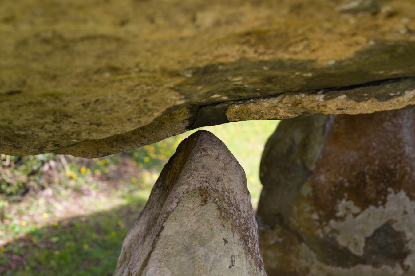 Detail of the Carreg Coetan Arthur showing part of the top stone not touching the support stones.