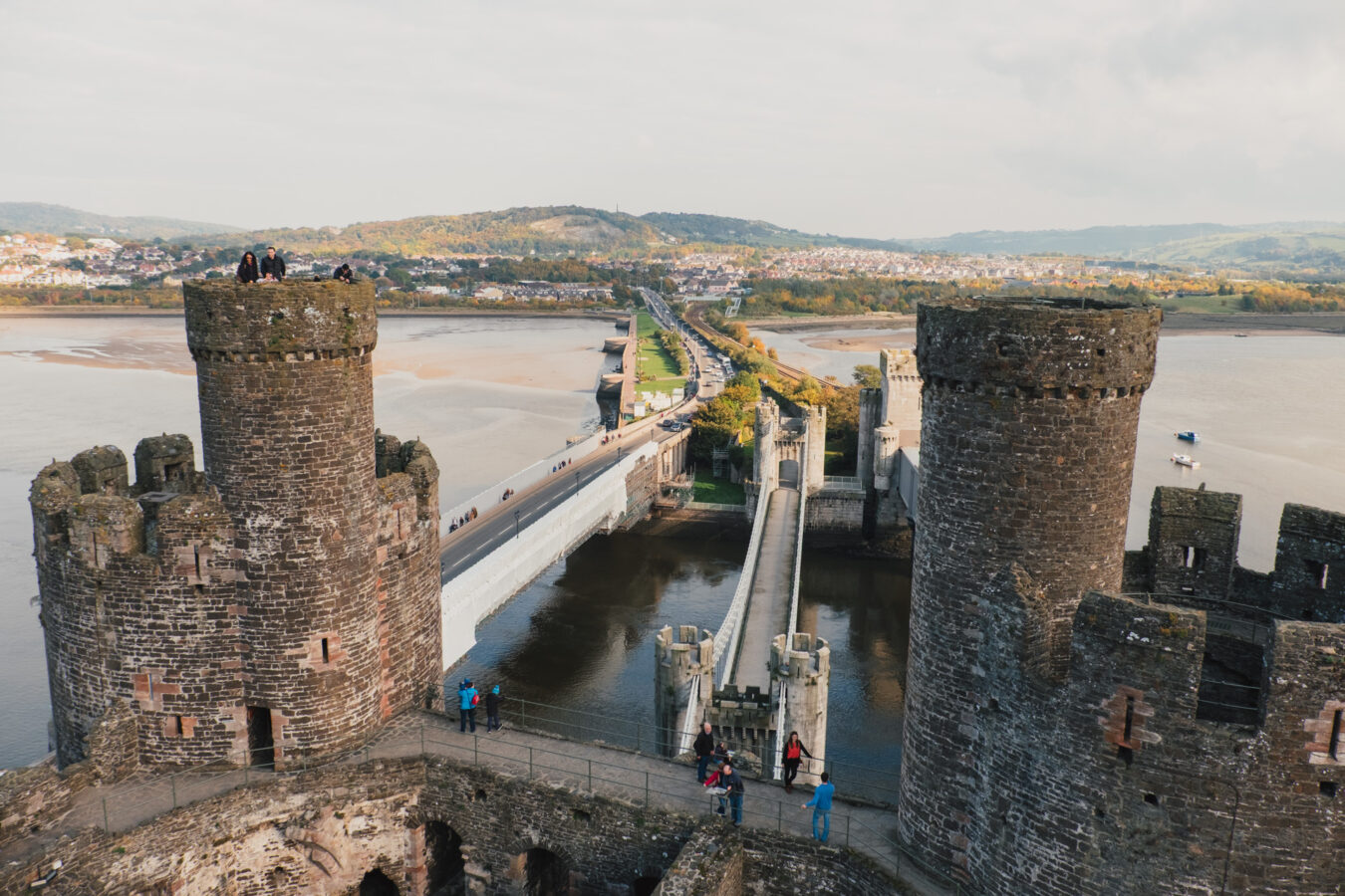 Conwy road and suspension bridge, as seen from one of the Conwy Castle towers