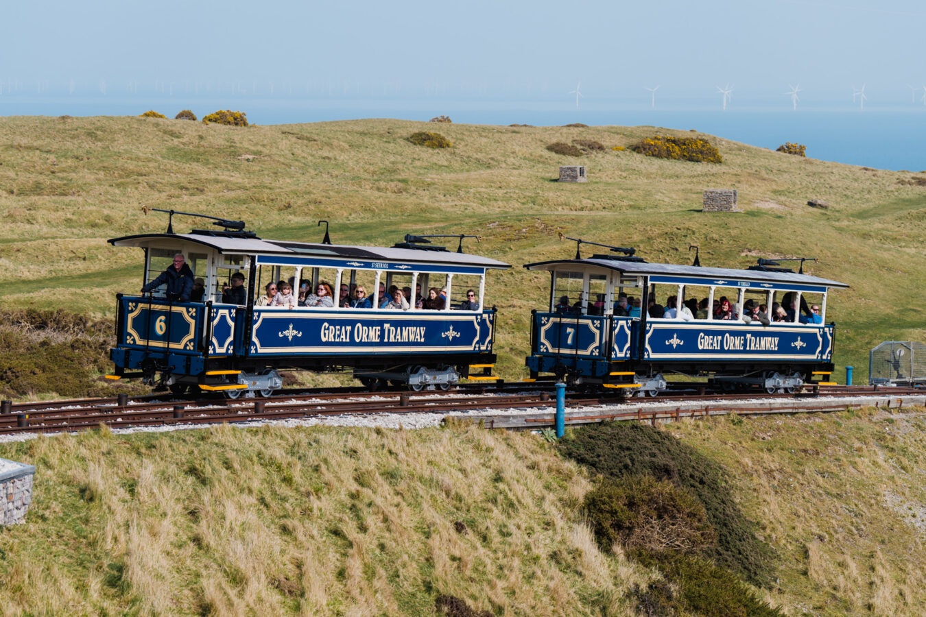 The two Great Orme Tramways passing next to each other.