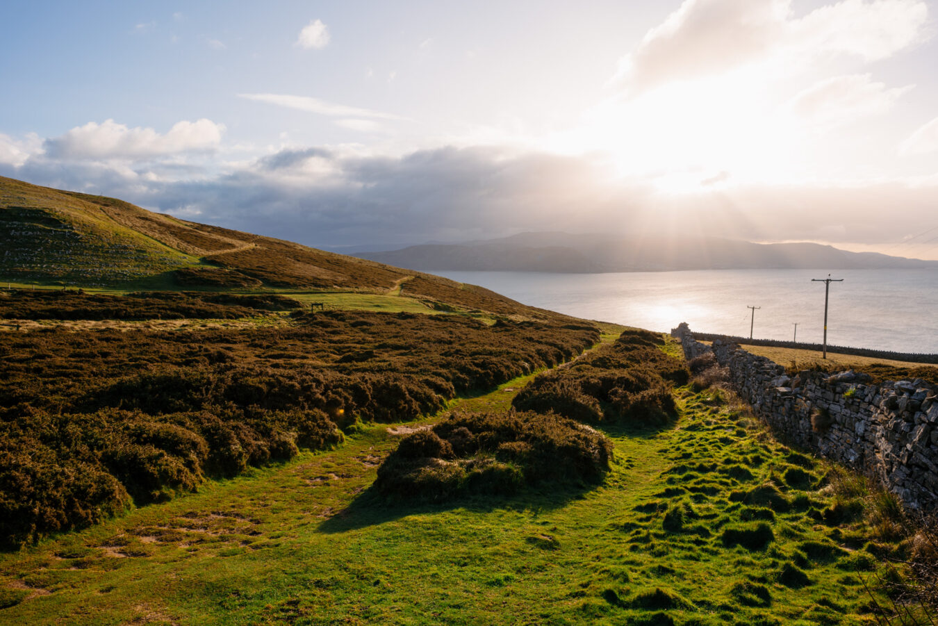 Landscape view near the Great Orme summit with sun shining through clouds