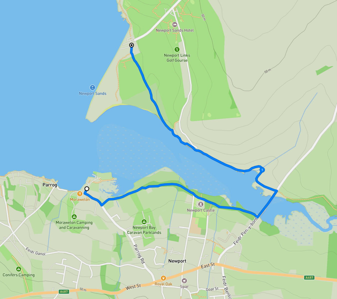 Map showing the footpath from Newport to Traeth Mawr