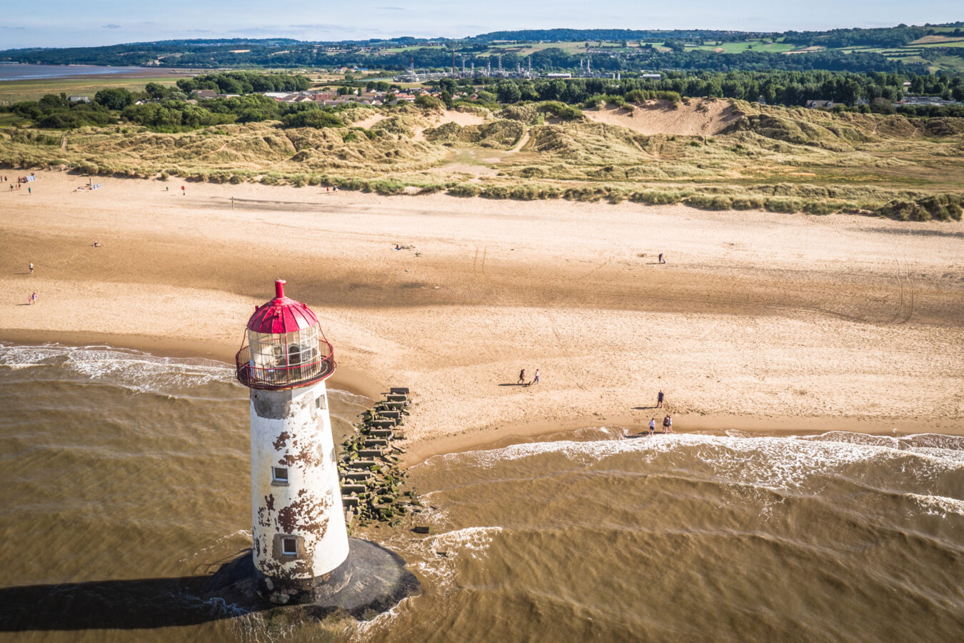 Talacre lighthouse with beach and dunes in the background