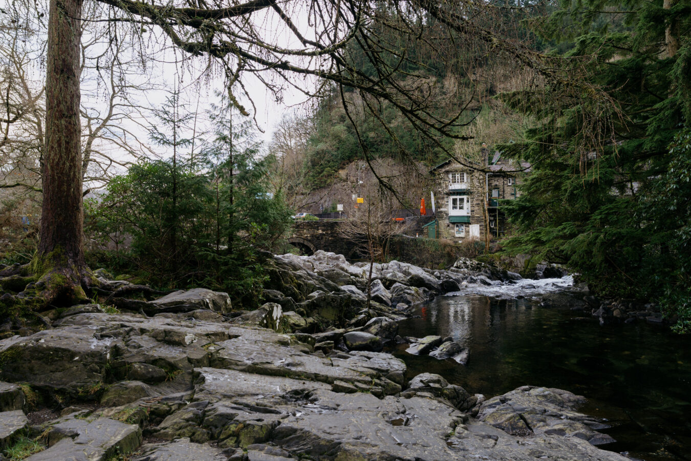 River, rocks and Pont-y-Pair bridge in the background, Betws-y-Coed