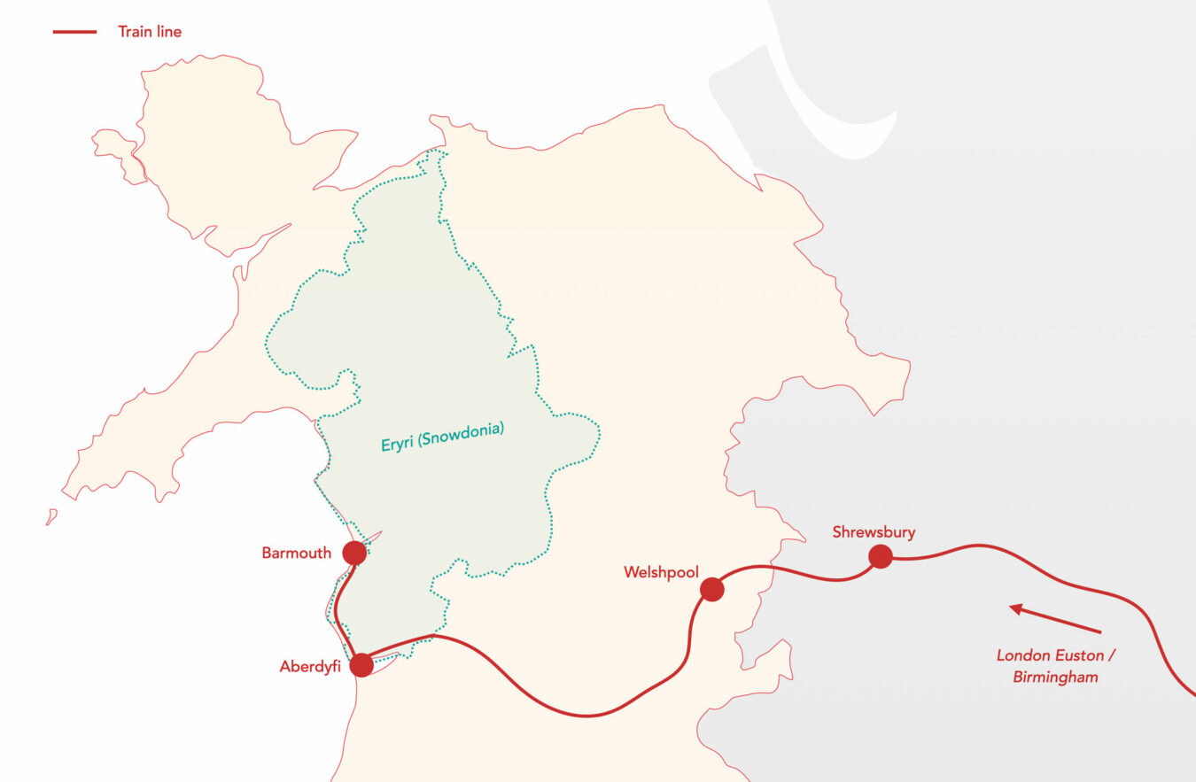 Map showing the train journey from London to Barmouth.