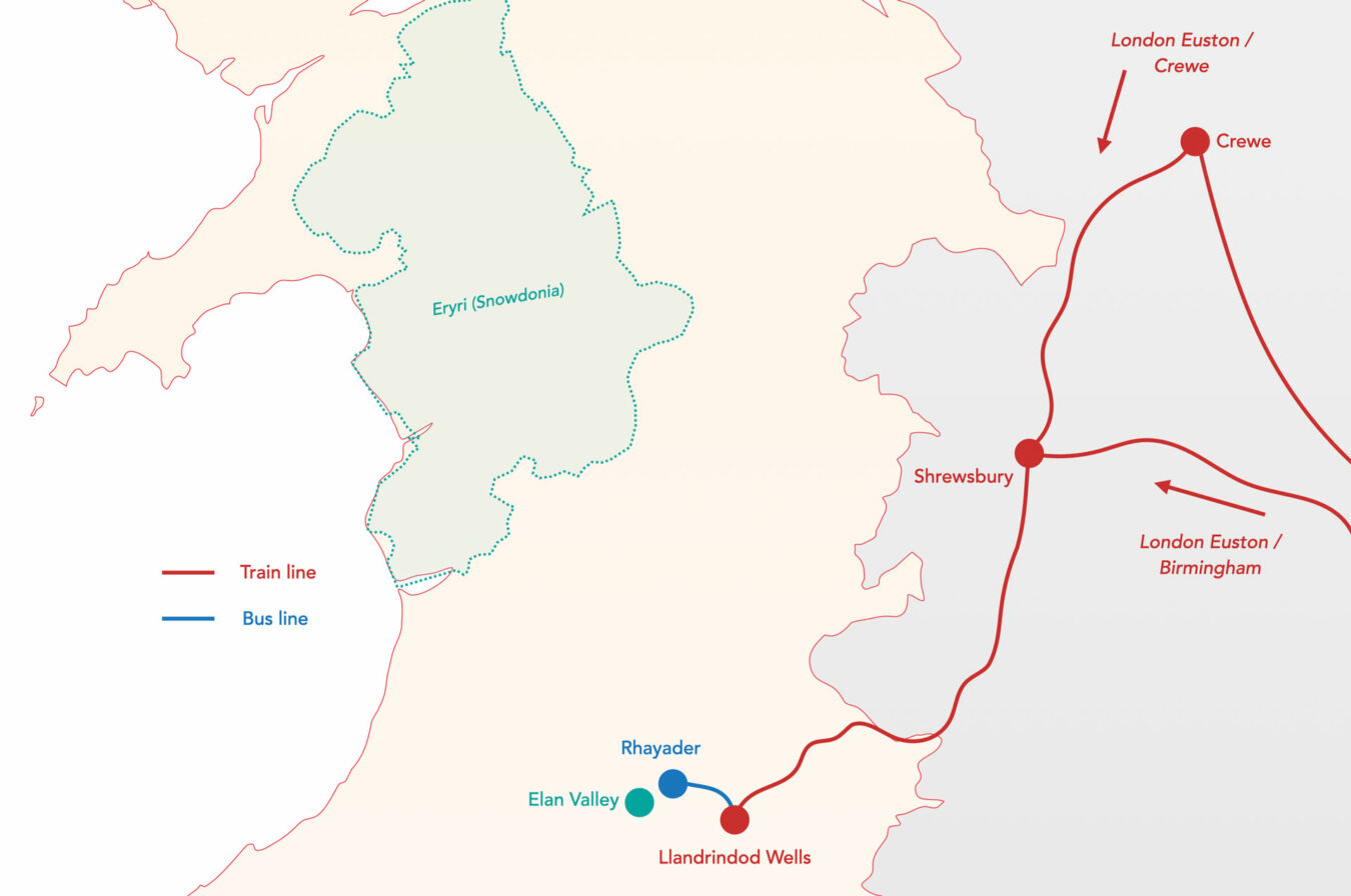 Map showing the train and bus journey from London to the Elan Valley.