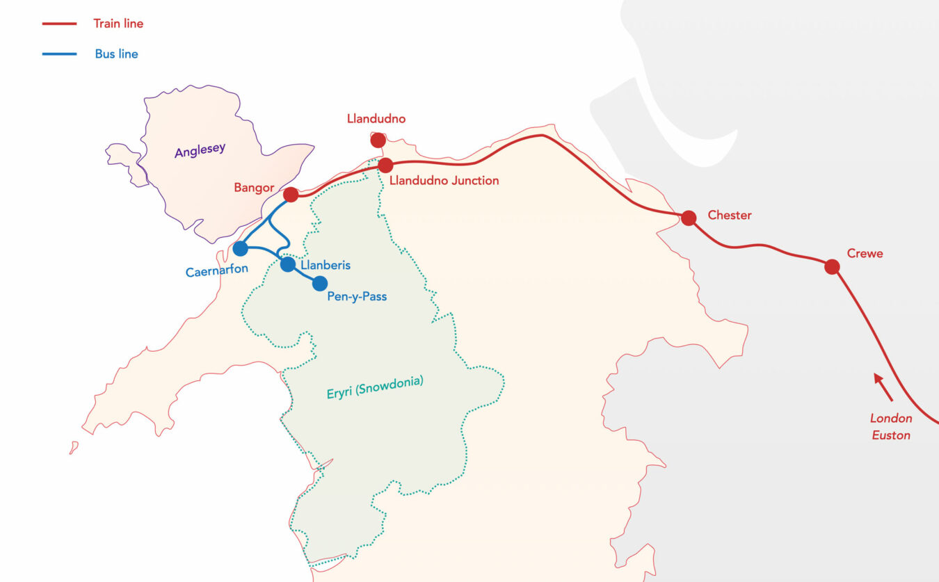 Map showing the train and bus journey from London to Llanberis in the Snowdonia National park.