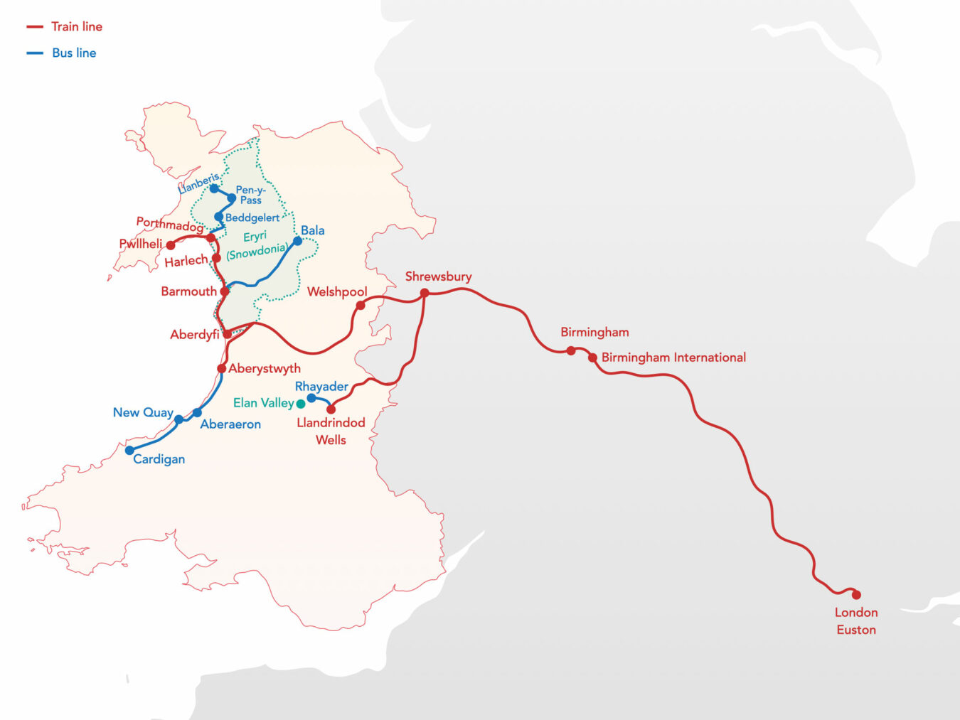 Map showing the train and bus journeys from London to various destinations in Mid Wales