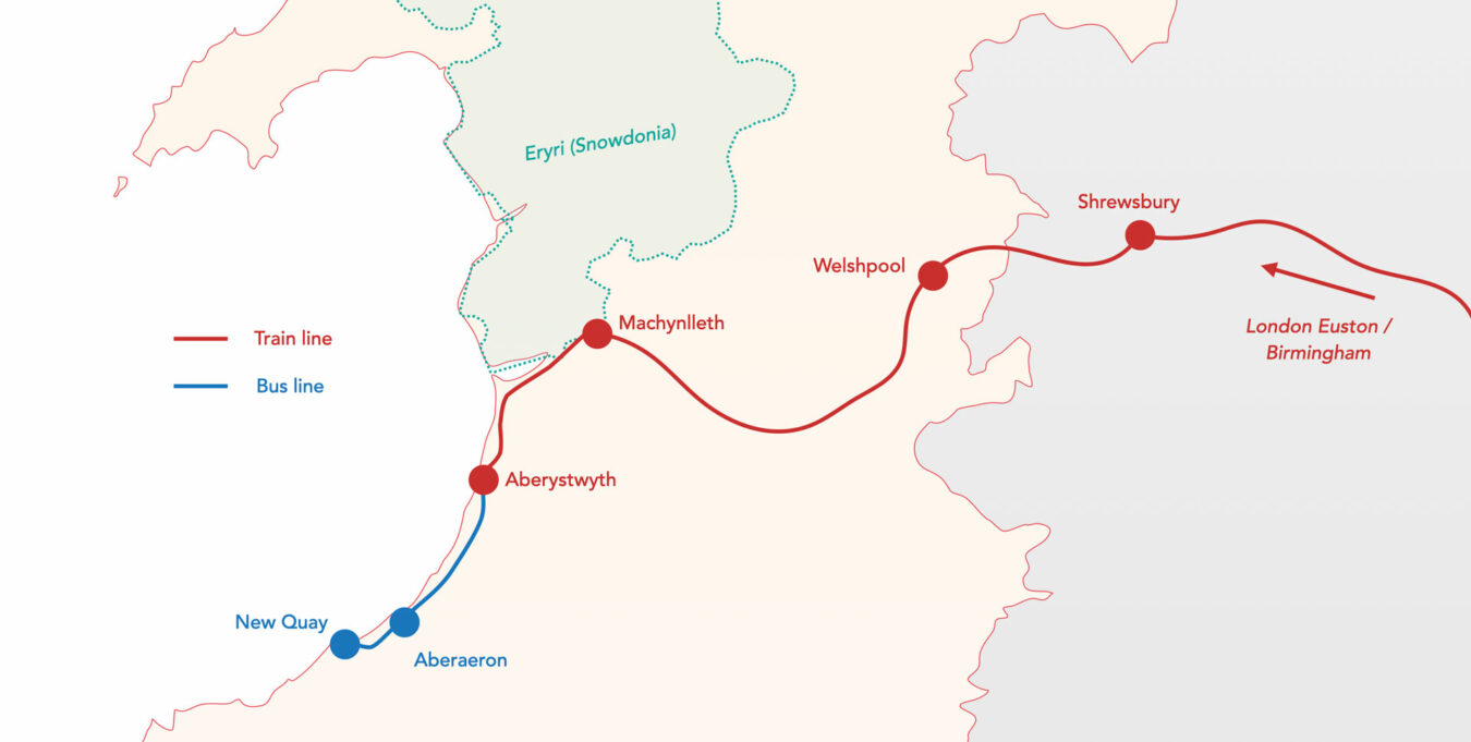 Map showing the train and bus journey from London to New Quay.