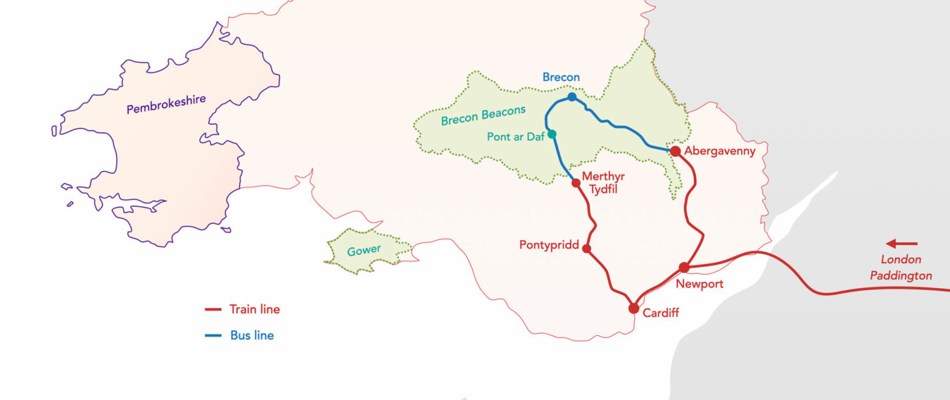Map showing the train and bus journey from London to the Pont-ar-Daf (Brecon Beacons).