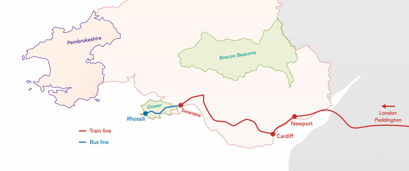 Map showing the train and bus journey from London to Rhossili.