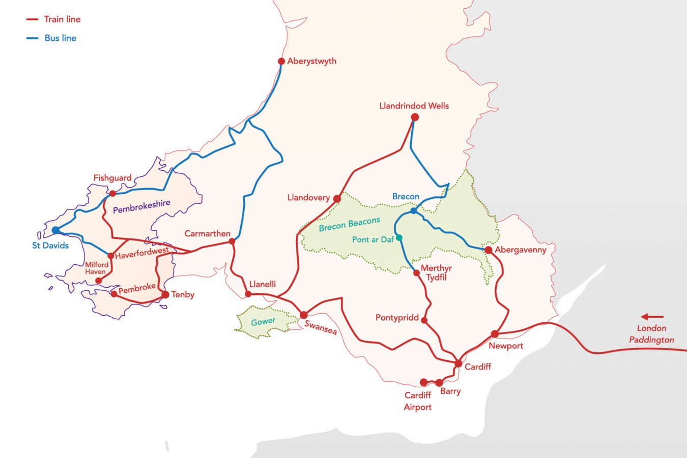 Map showing the train and bus journeys from London to various destinations in South Wales
