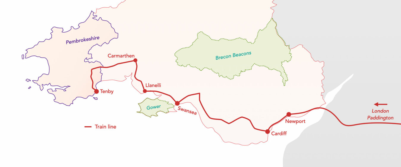 Map showing the train journey from London to Tenby.