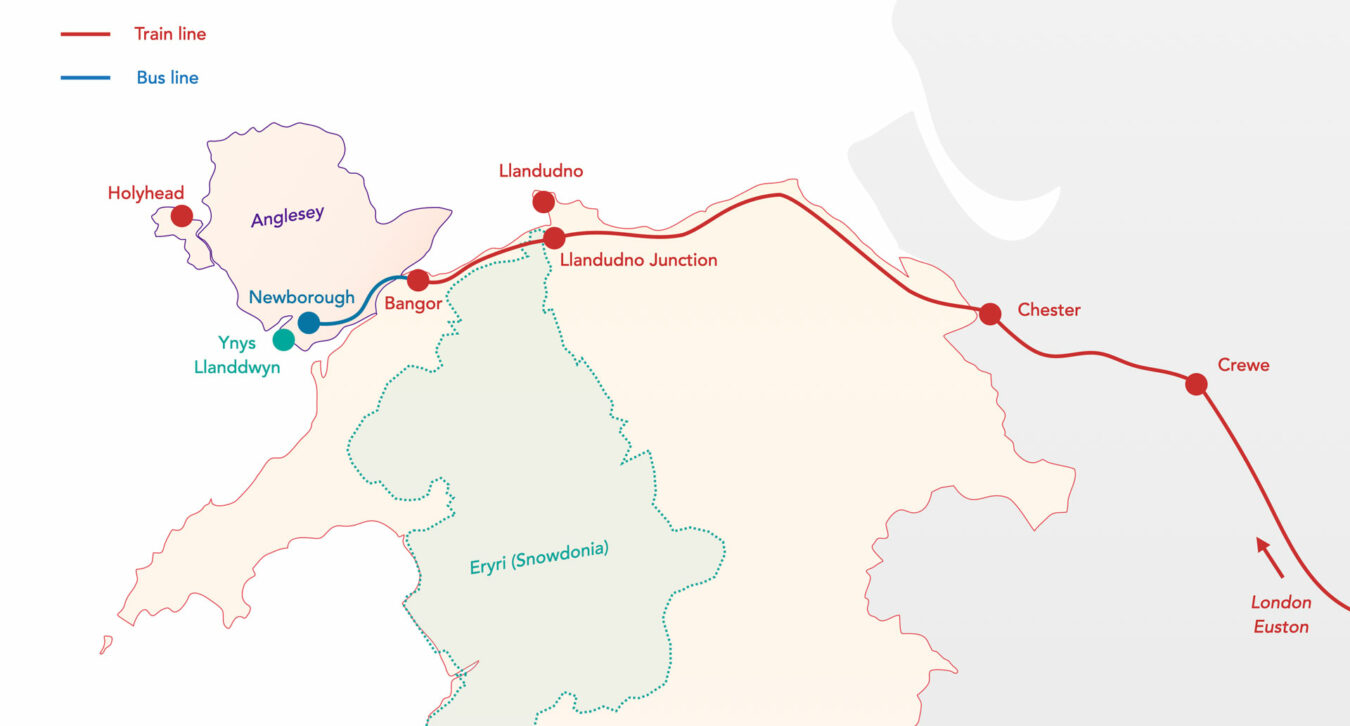 Map showing the train and bus journey from London to Ynys Llanddwyn in Anglesey, North Wales