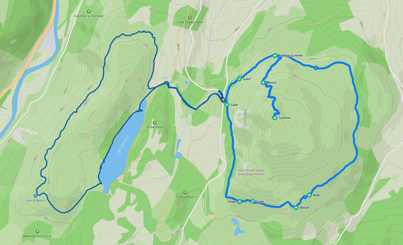 Map showing the Foel Offrwm Hike next to the Precipice Walk path