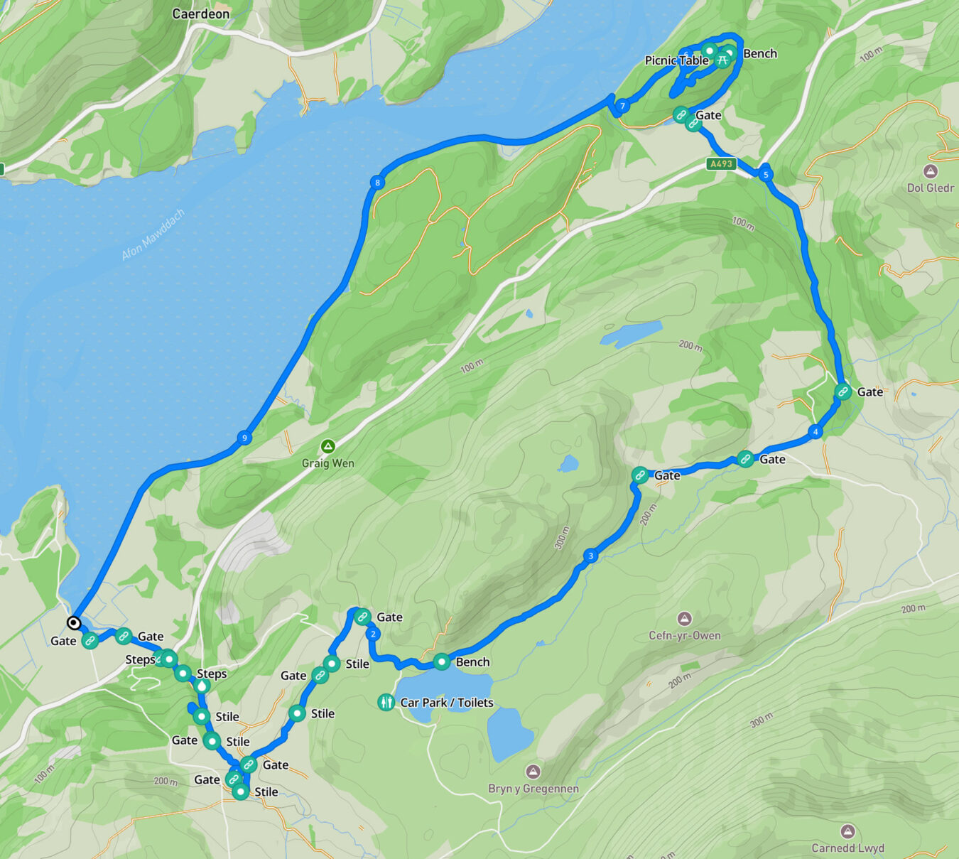 Map showing the walking route, starting from Arthog