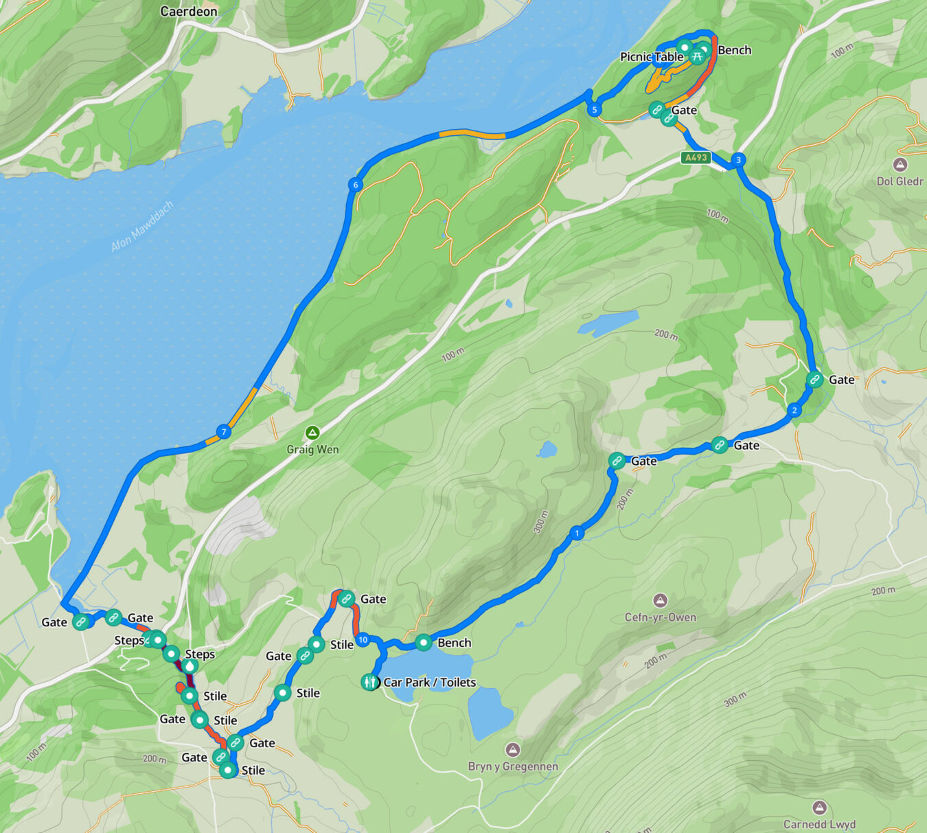 Map showing the walking route, starting from Morfa Mawddach