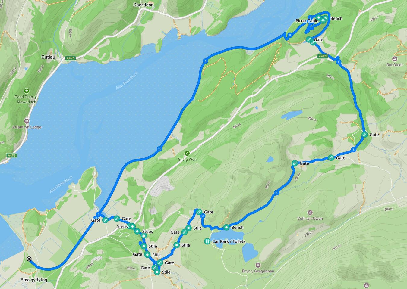 Map showing the walking route, starting from the Cregennan Lakes