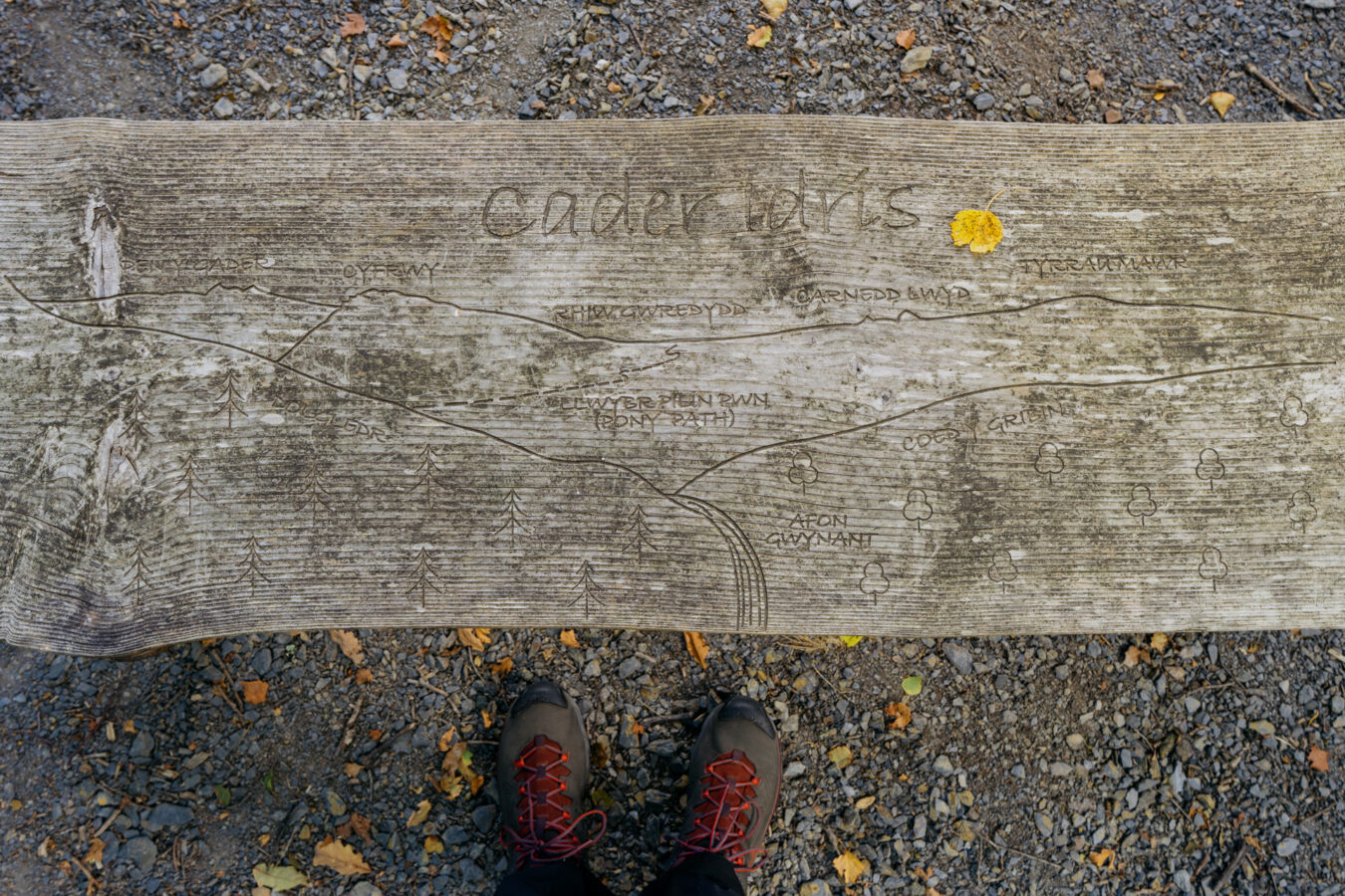Bench with map of Cadair Idris carved in the wood