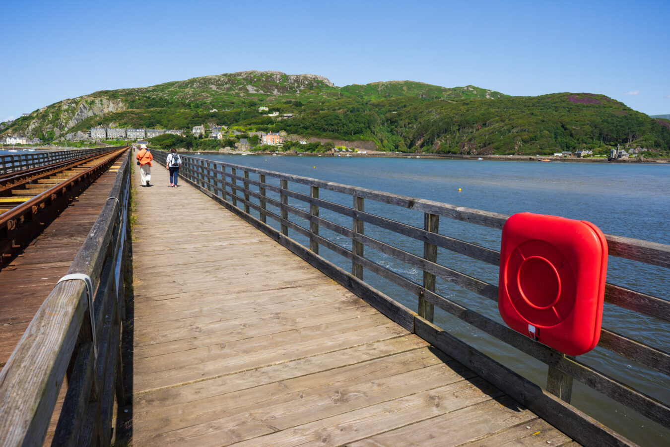 Walkers on Barmouth Bridge on a sunny day