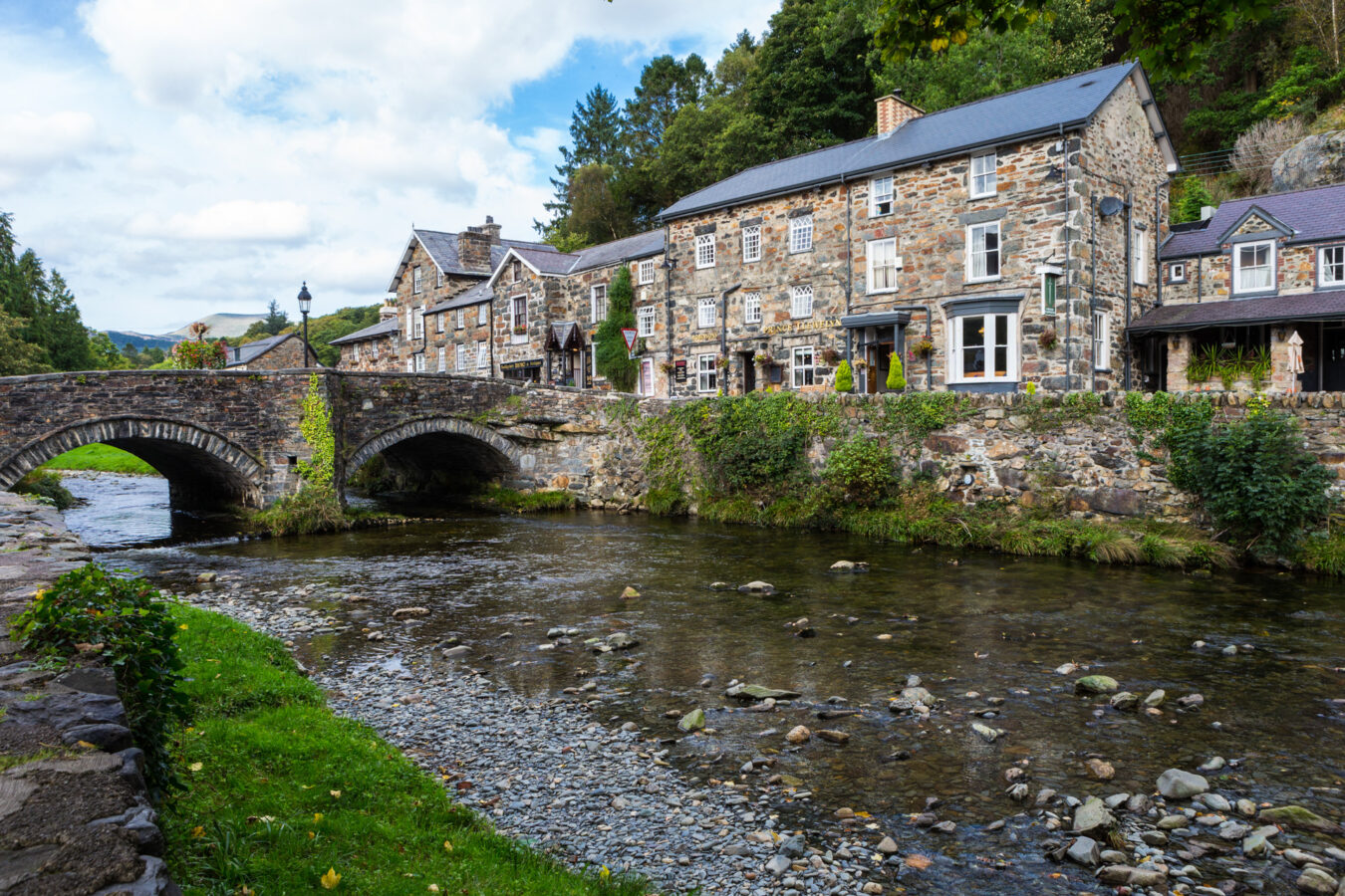 Stone cottages and stone bridge in Beddgelert