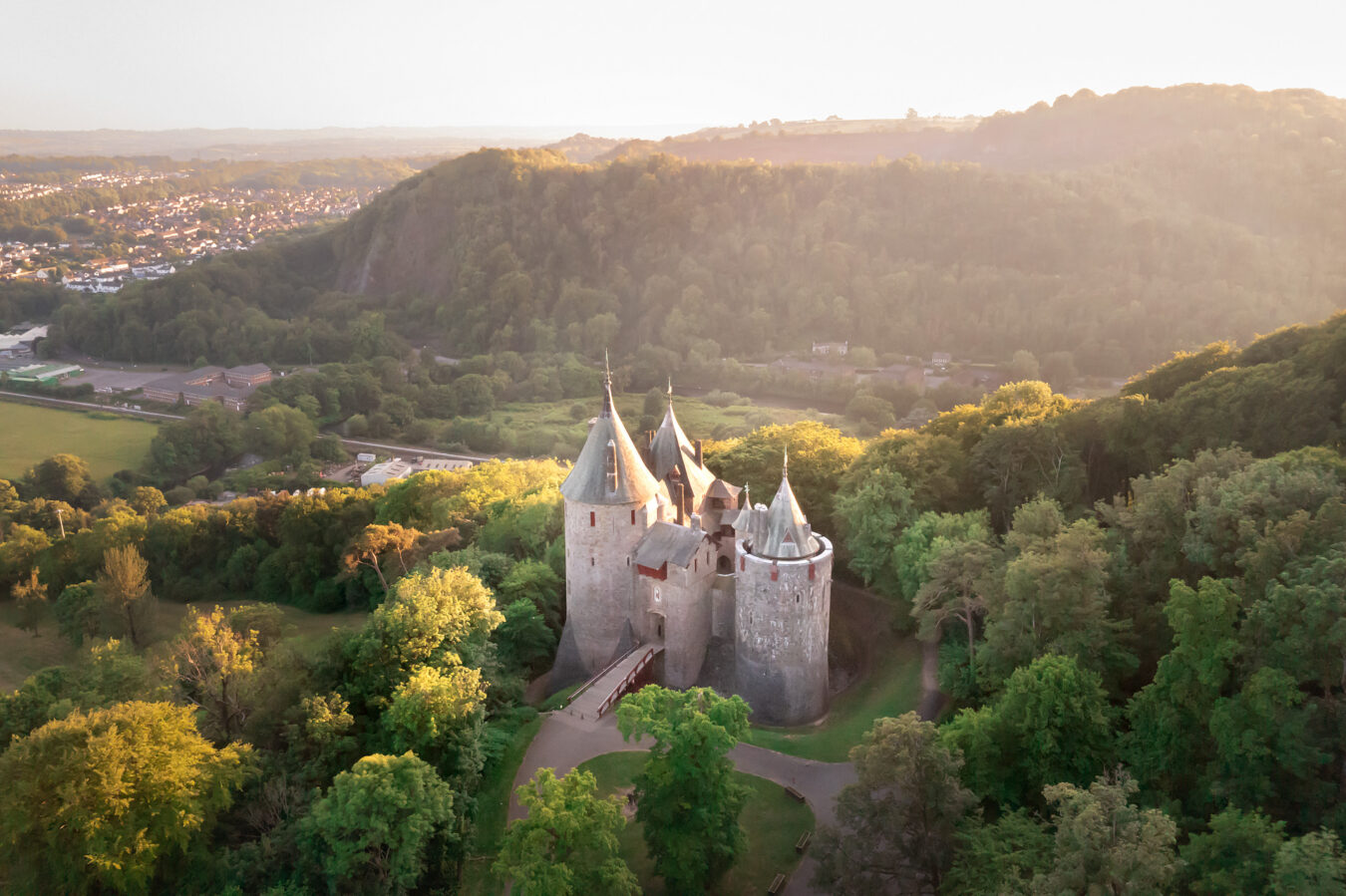 Aerial view of Castell Cock near sunset