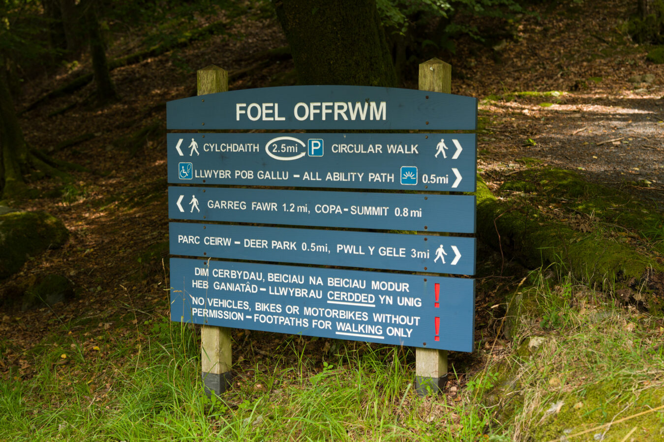Foel Offrwm sign showing the direction for various walks