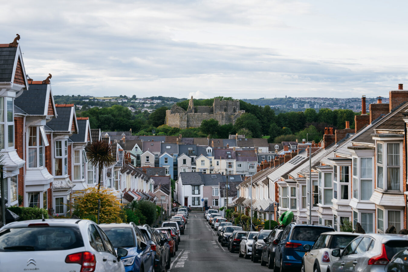 Oystermouth castle in the distance, viewed from Oakland road