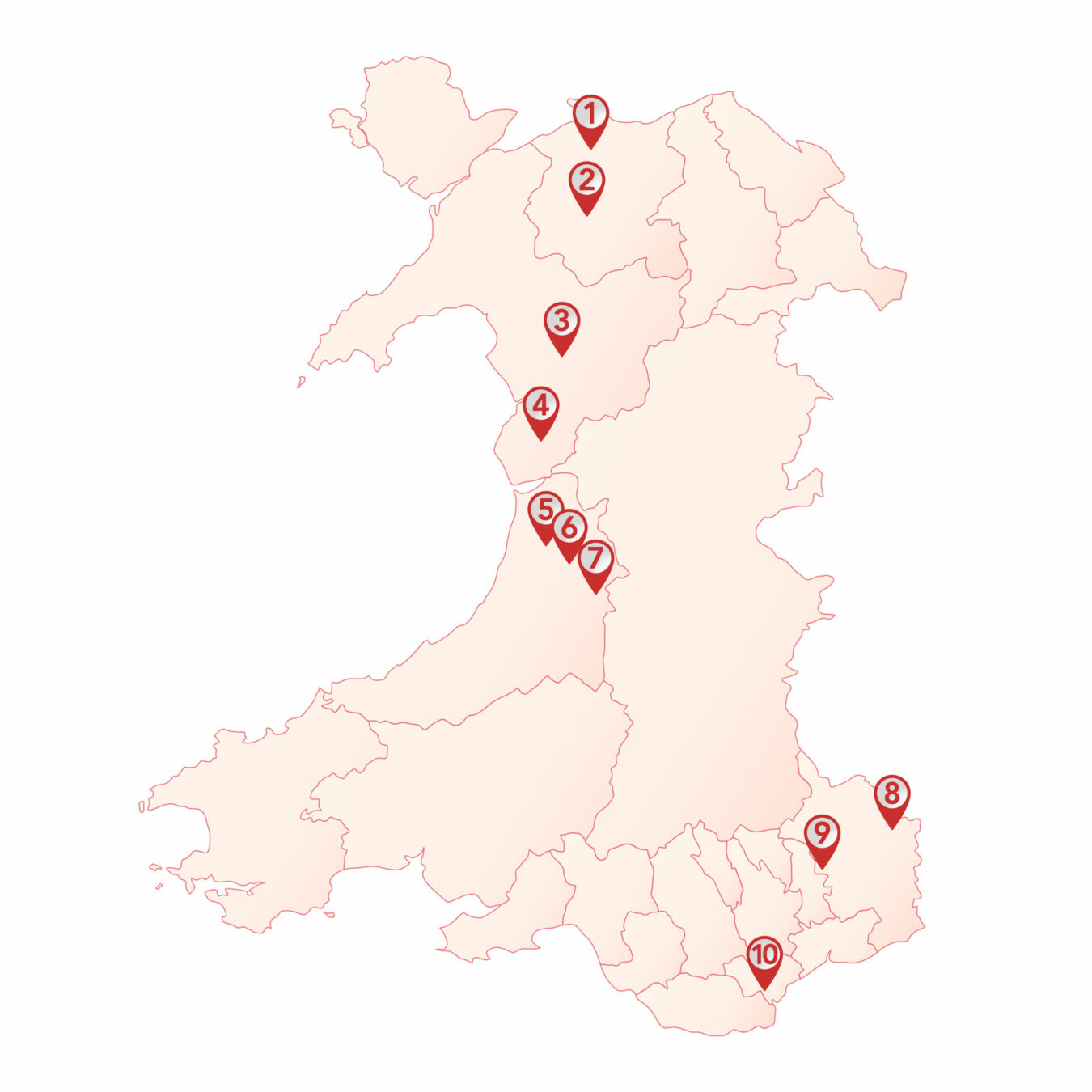 Map of Wales showing the locations featured in the article