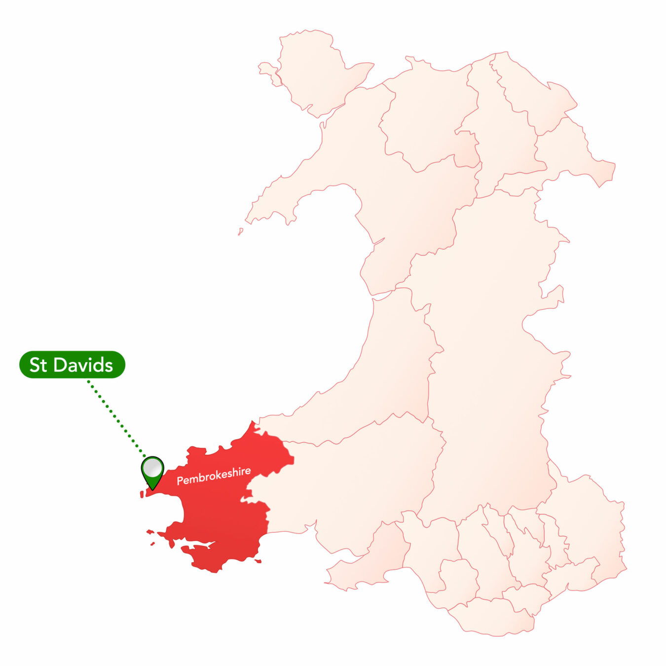 Map of Wales pinpointing the location of St Davids