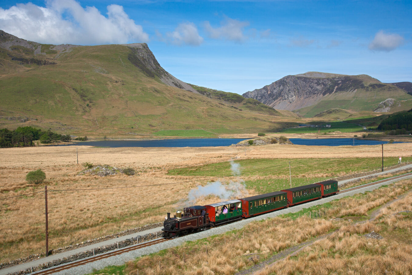 Locomotive passing Llyn y Gader near Rhyd Ddu with Y Garn in background, Welsh Highland Railway, Snowdonia