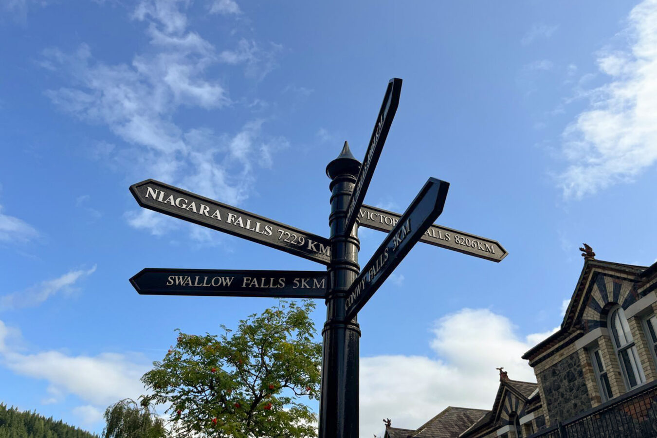Sign showing the direction of various waterfalls in Betws-y-Coed