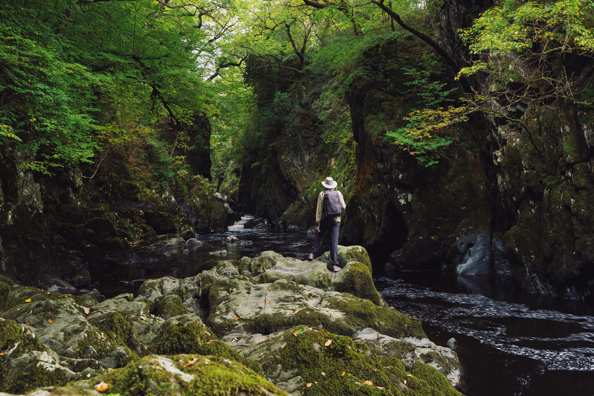 Men standing on the rocks, looking at the ravine in Fairy Glen