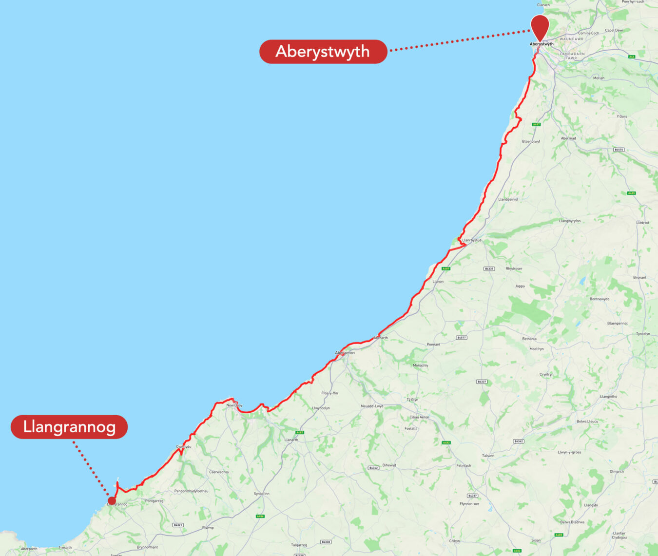 Map showing the walking route along the coast
